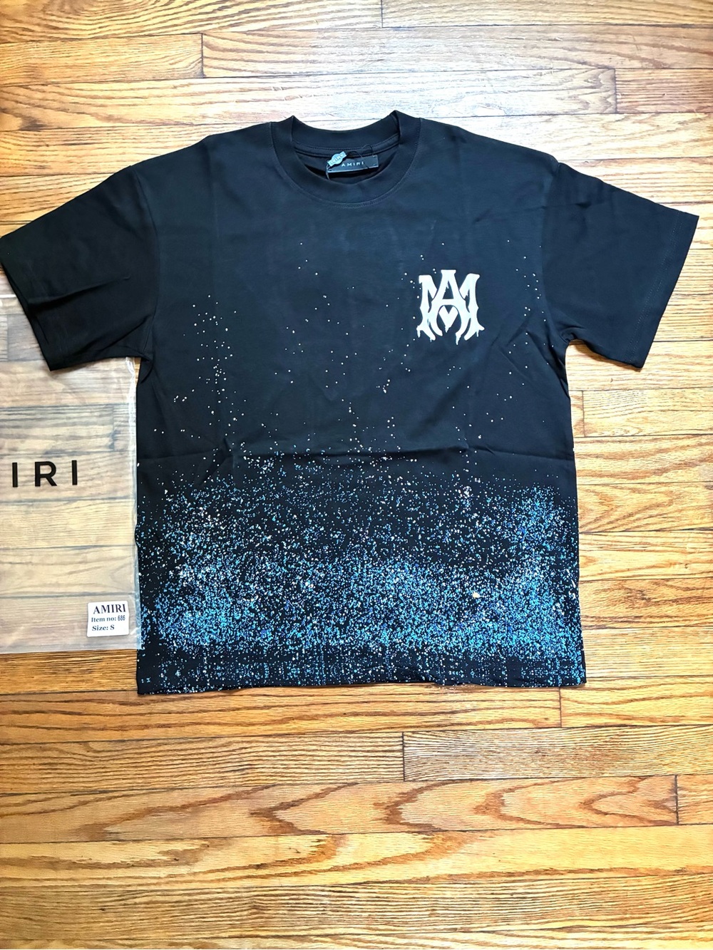 AMIRI Black T-Shirt with Blue Speckle Gradient & White Logo